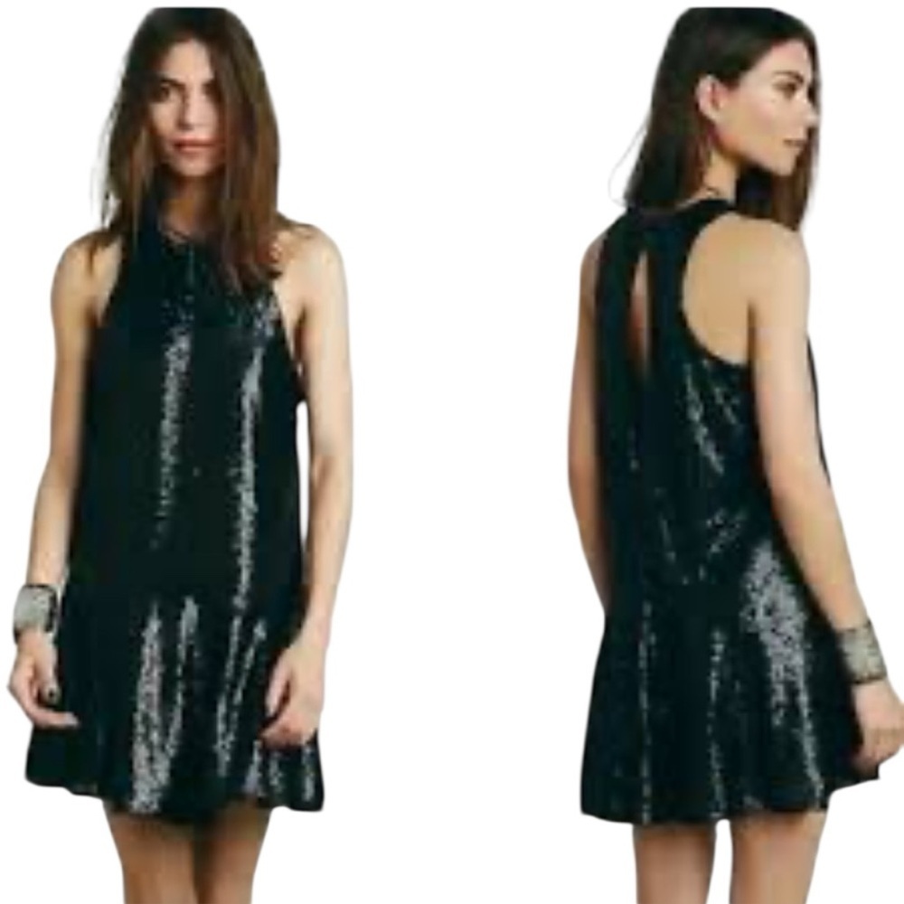 Free People Liquid Shine Mini Dress L Sequin Drop Waist Party Holiday Shimmer - Picture 1 of 13